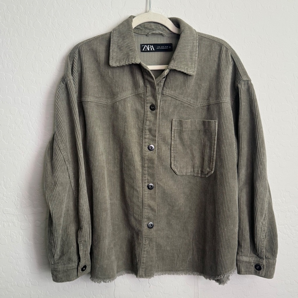 Zara Womens 100% Cotton Corduroy Shacket M Sage Green Raw Hem Oversized Boho